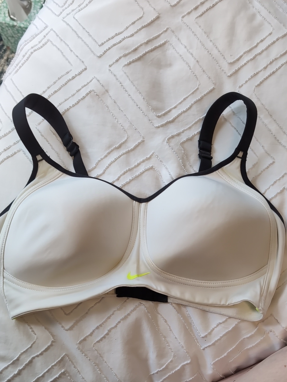 Nike White Sports Bra with Black Straps and Neon Yellow Swoosh